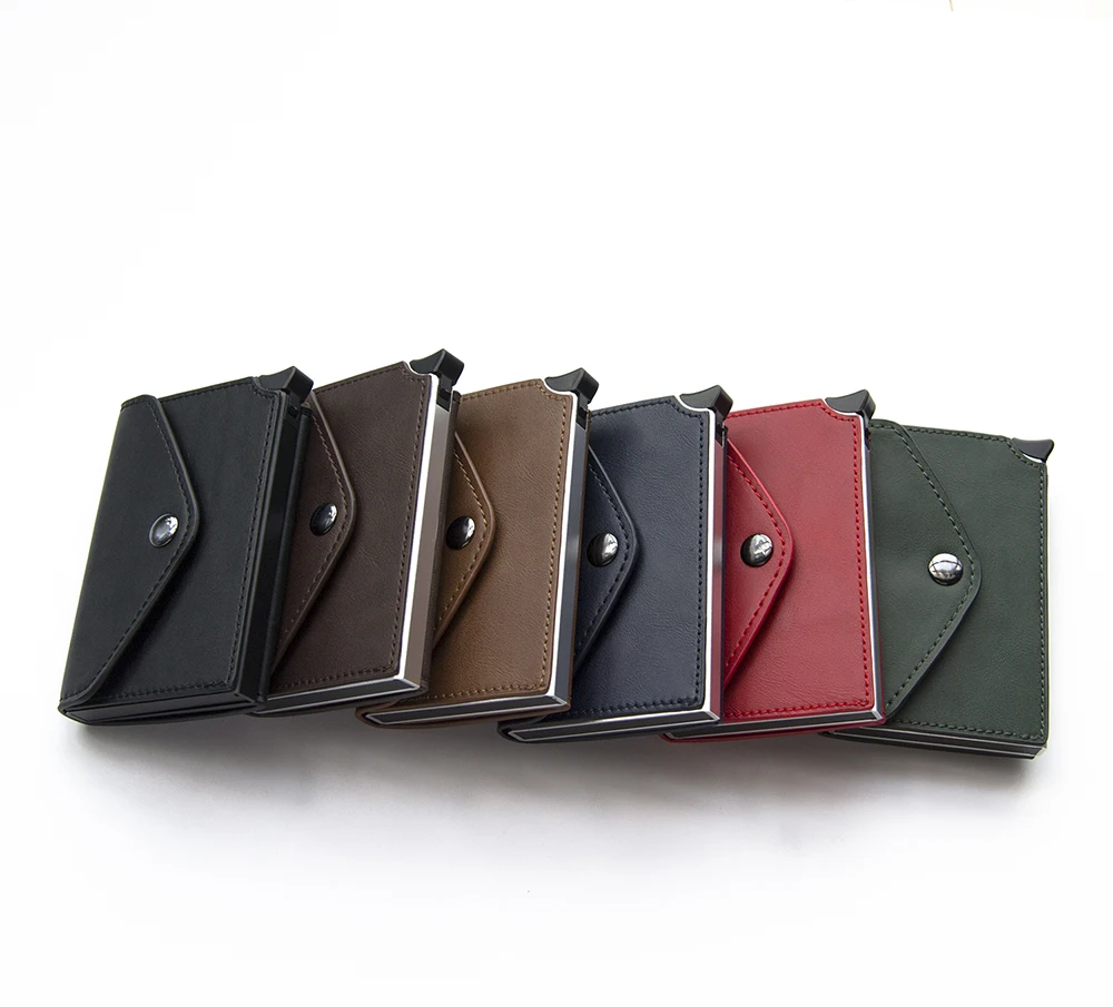 RFID Blocking Crazy Horse Leather  Button Pop Up Slim Aluminum Case Business Bank ID Credit Card Holder
