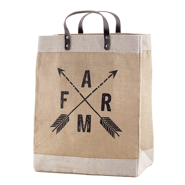 custom logo natural reusable burlap laminated shopping wholesaler jute burlap tote beach bag with leather bamboo handle