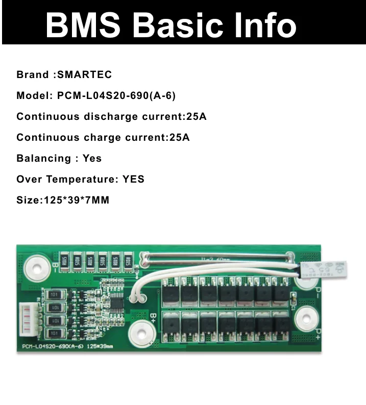 Lithium Battery Management System 3S 4S BMS 25A PCM-L04S20-690(A-6) with Blance function and Temperature protection