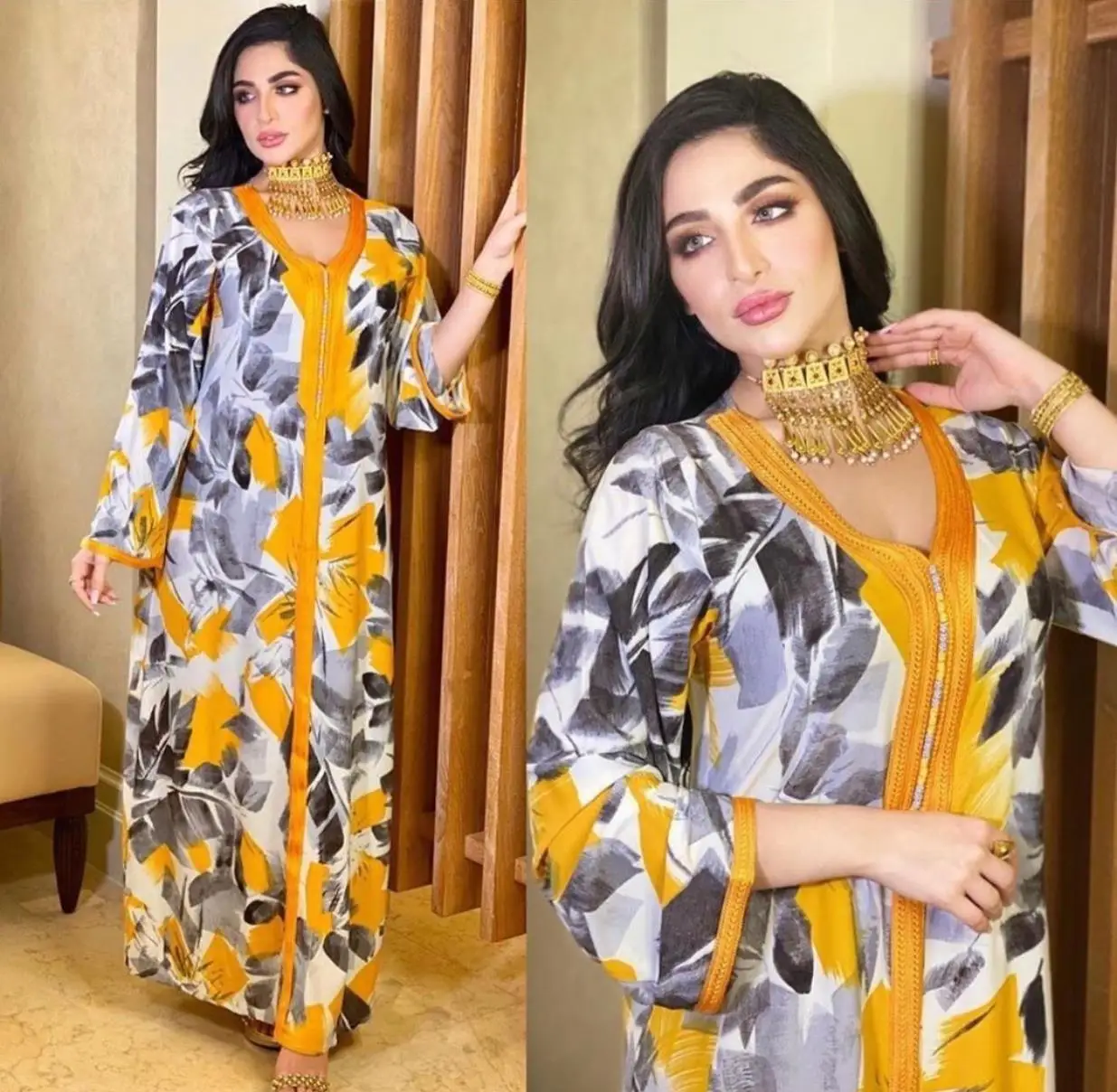 High Quality Wholesale Turkish Dubai Kaftan Long Batwing Flower printed Muslim Dress Women Abaya Islamic Clothing