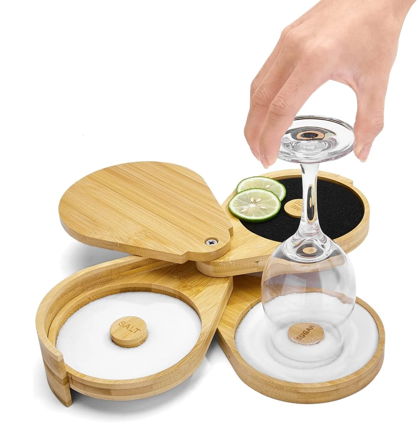 Margarita salt rimmer set,1 pack 3 tier bar glass rimmer bamboo wood sugar salt box with sponge for cocktail