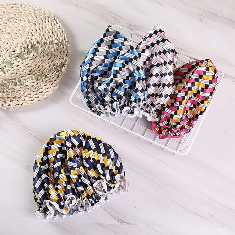 New Fashion Women Small Dot Double-Layer EVA Waterproof Satin Lace Shower Cap