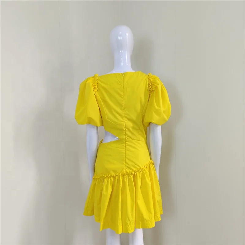 2021 New Fashion High Quality Yellow White Puff Sleeve Cutout Ladies Dresses Summer Casual Dresses Women