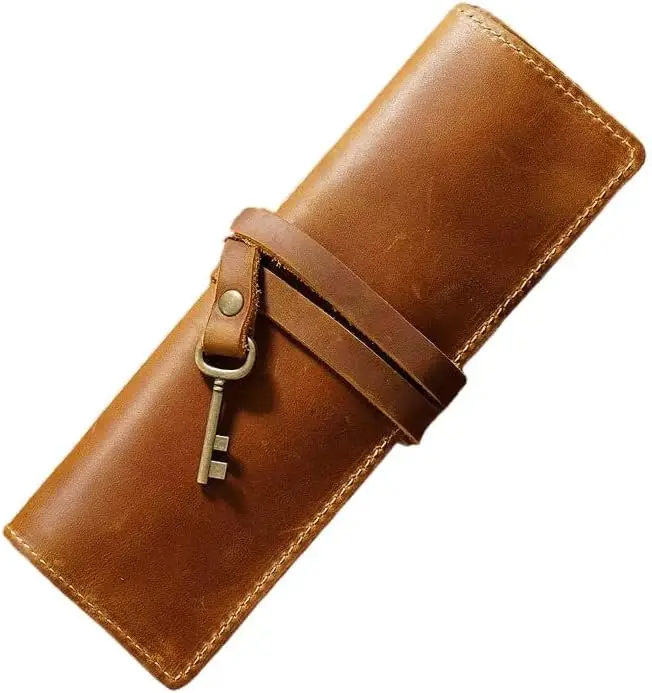 Retro Genuine Leather Pencil Case Roll up Pen Pouch Wrap Foldable Tool Stationary Storage Case