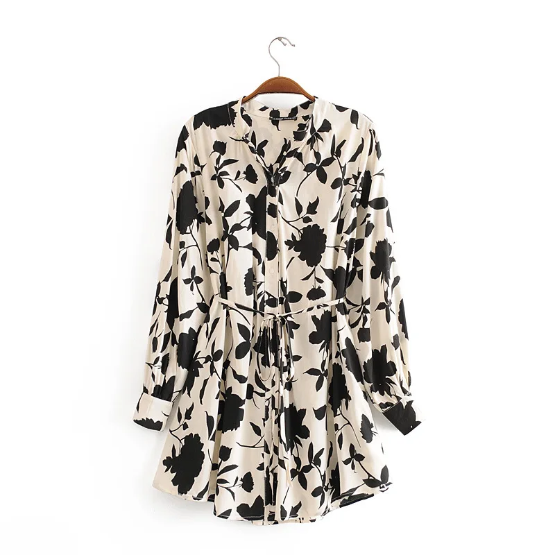 Summer New Women Casual Rayon Cotton Blouse Lady Holiday Style Floral printed Sashes Lace up Slim Loose Button Long Shirt Tops