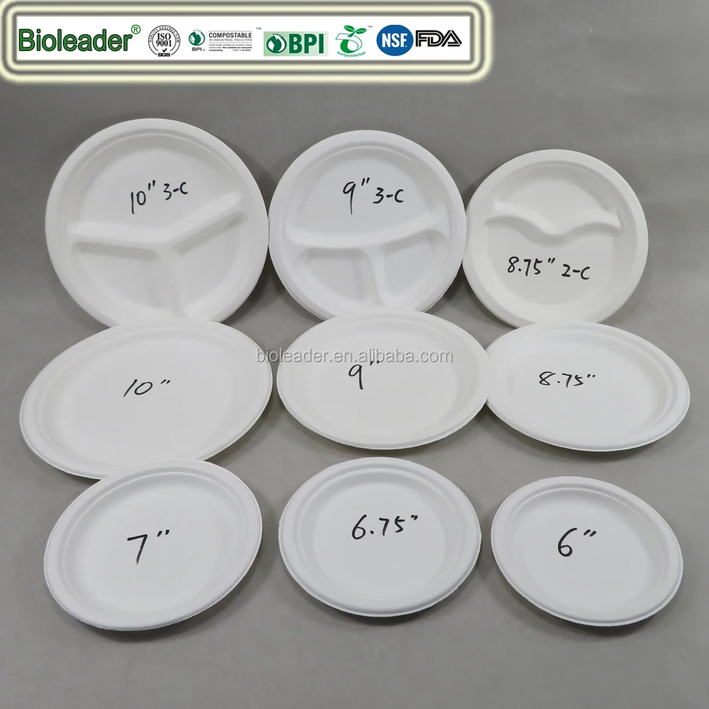 Sugarcane Bagasse 6 7 8 9 дюймовые пластины эко биоразлагаемые одноразовые тарелки блюдо круглый CE / EU укомплектованный сине-белый