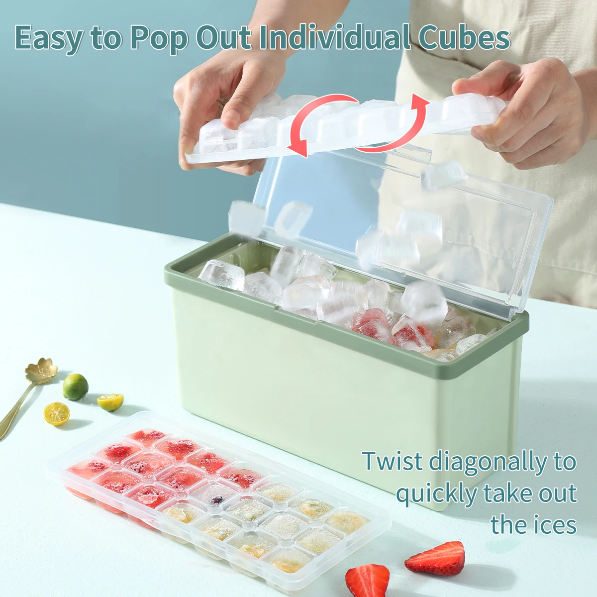 3 Layer Plastic Ice Cube Trays and Ice Cube Storage Container Set with Locking Lid 3 Packs
