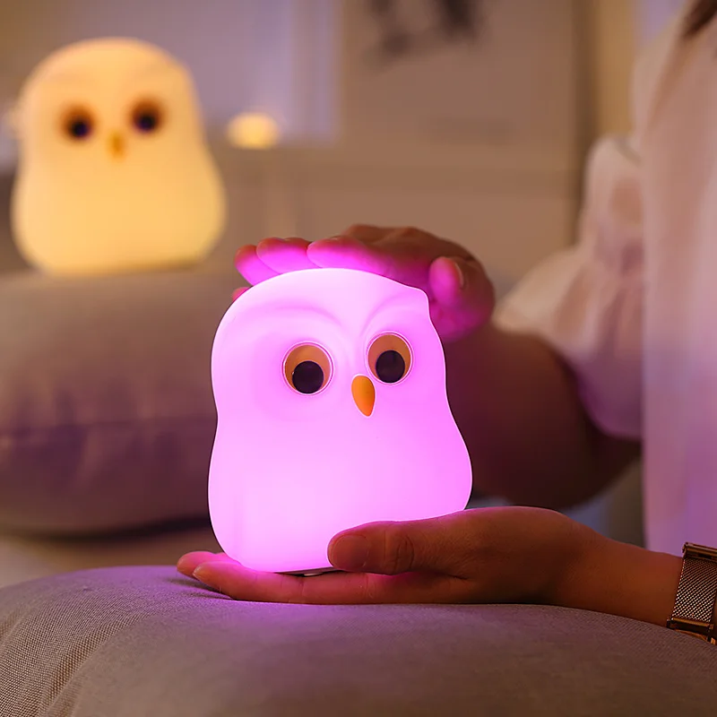 Soft Silicone Owl Baby Kids Night Lights USB Rechargeable Animal Touch Sensor Multicolor Warm Colorful Led Patting Cute Lamps