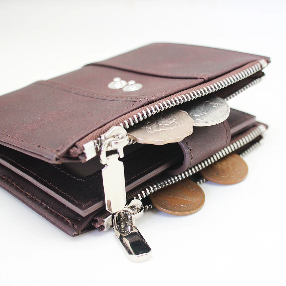 Factory Wholesale Vintage Genuine Leather Double Zippers Wallet With Removable Coin Purse Chain Men Bifold Wallet
