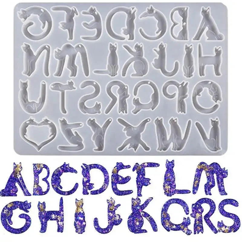 Early Riser Cat Shape Crystal Epoxy Resin Crafts 26 English Letter Silicone Mold Letter Mouldings for Metal Key Chains pendant