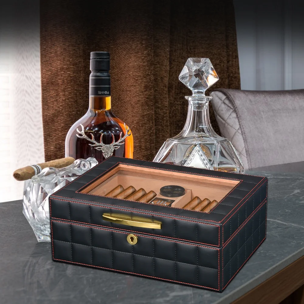 Black PU Leather Wooden Cigar Box Empty Humidor Wood Cigar Boxes Wholesale