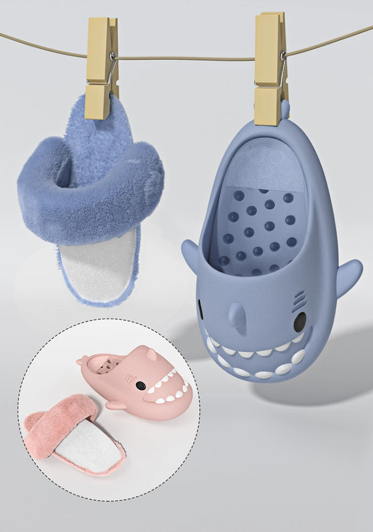 Lovely Cartoon Animal Style Winter Warm Funny Detachable Fur Insole Shark Slides Slippers