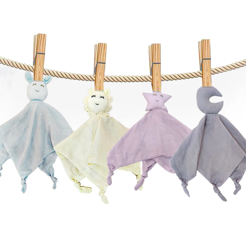 Wholesale Lovely Soft 100% Organic Cotton Muslin Star Moon Baby Infant Comforter Toys For Baby Sleeping Baby Security Blanket