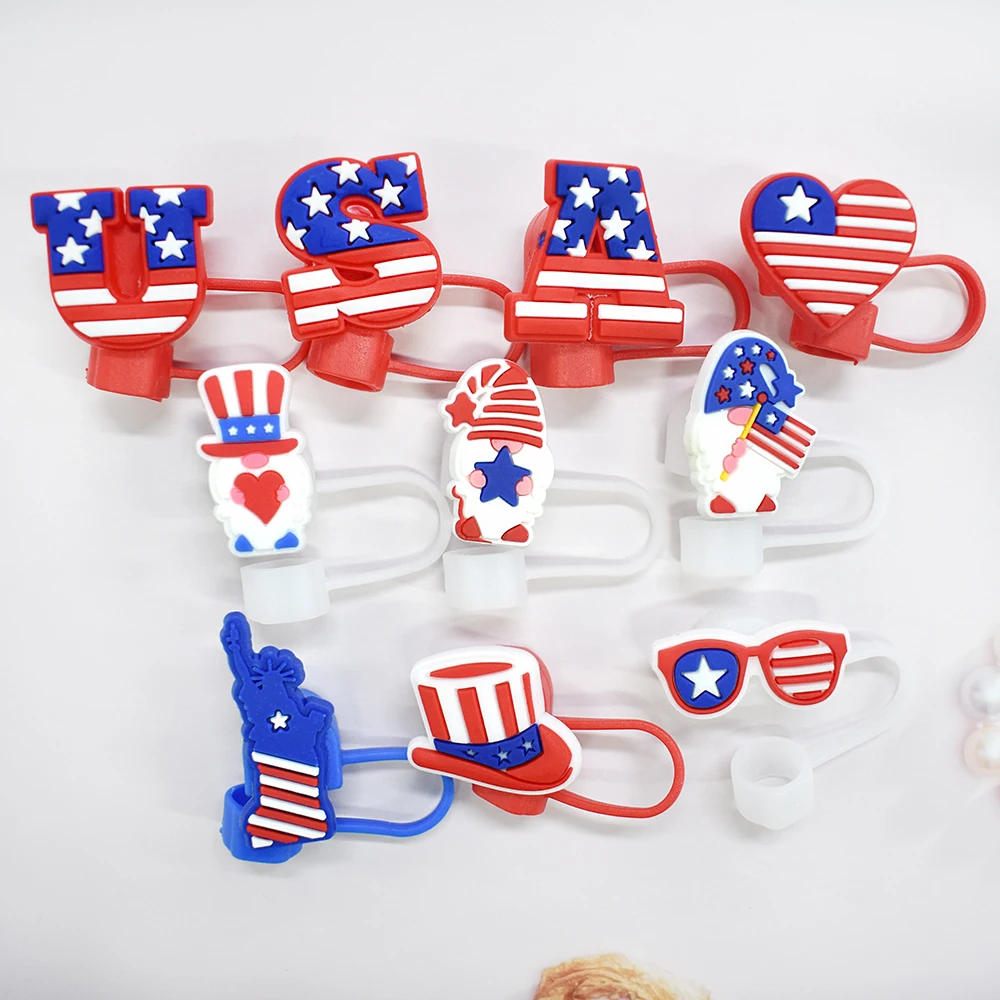 Wholesale Bulk 10mm American Flag Pvc Rubber Straw Topper Fashion Heart Star Usa Flag Straw Topper Charm For Tumblers
