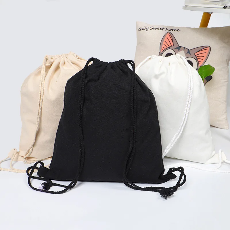 Logo-customized reusable cotton grocery drawstring shopping bags washable eco-friendly canvas tote bag with drawstring