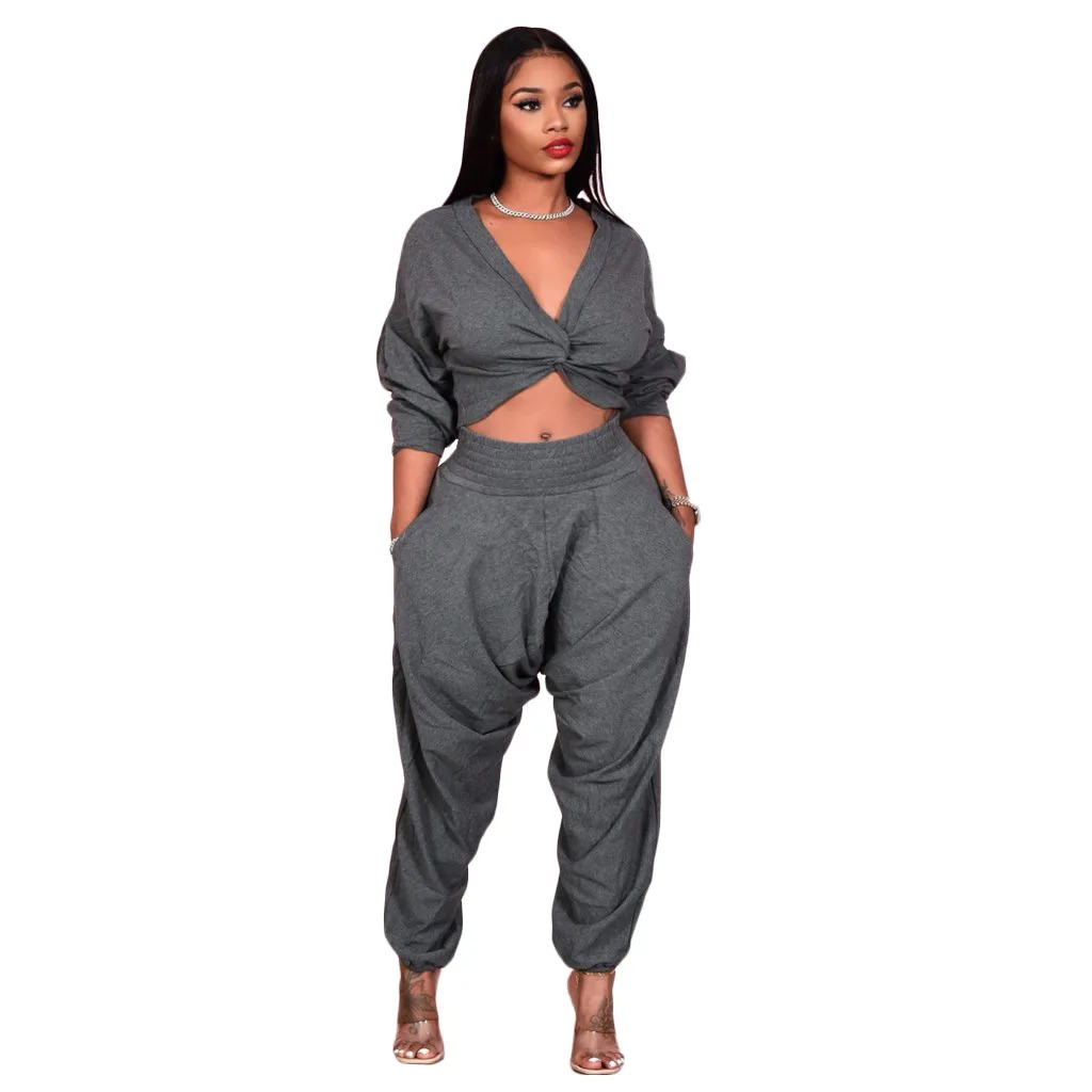 Sexy Solid Color Suspender Pants V Neck Cross Two Piece Sets Women 2021 Crop Top 2