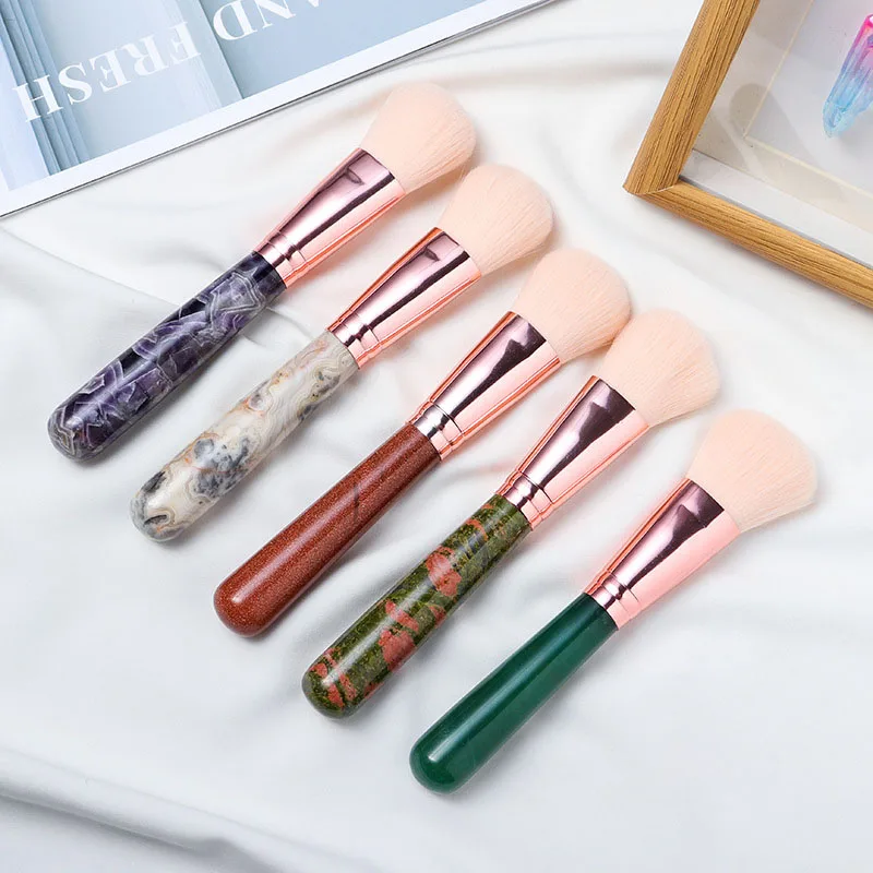 Natural Healing Energy Crystal Rose Quartz Handle Vegan Hair Cosmetics Powder Blush Make Up Tools Jade Makeup Brush Set