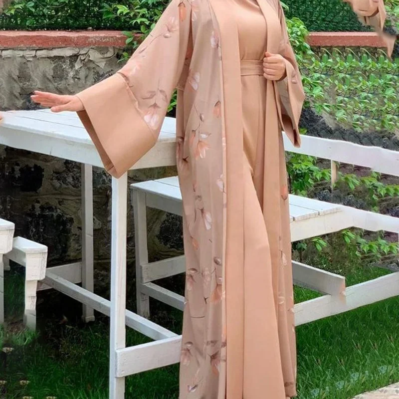 Popular dubai indonesia floral printed muslim dress casual dresses spring long sleeve muslims creep fabric for muslim dress