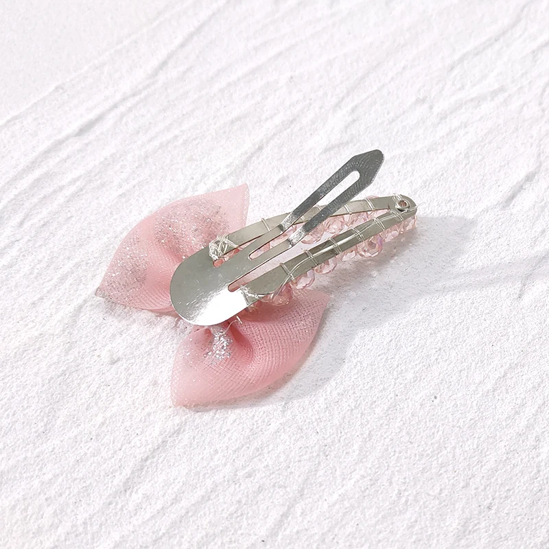 Sweet Girls Cute Pink Bow Knot Hair Pins Beaded Crystal Shining Sequins Lace Mesh Hair Clips for Little Baby Kids
