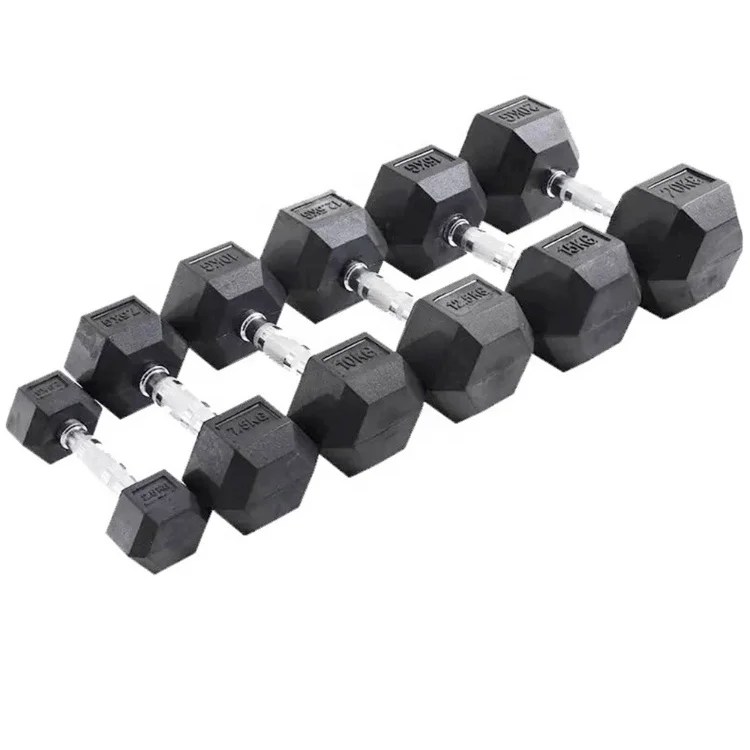 UNIQ Wholesale Black Hex Rubber Dumbbell Coated Gym Dumbbell Pounds Fitness Weight Custom Logo Rubber Hexagon Dumbbells