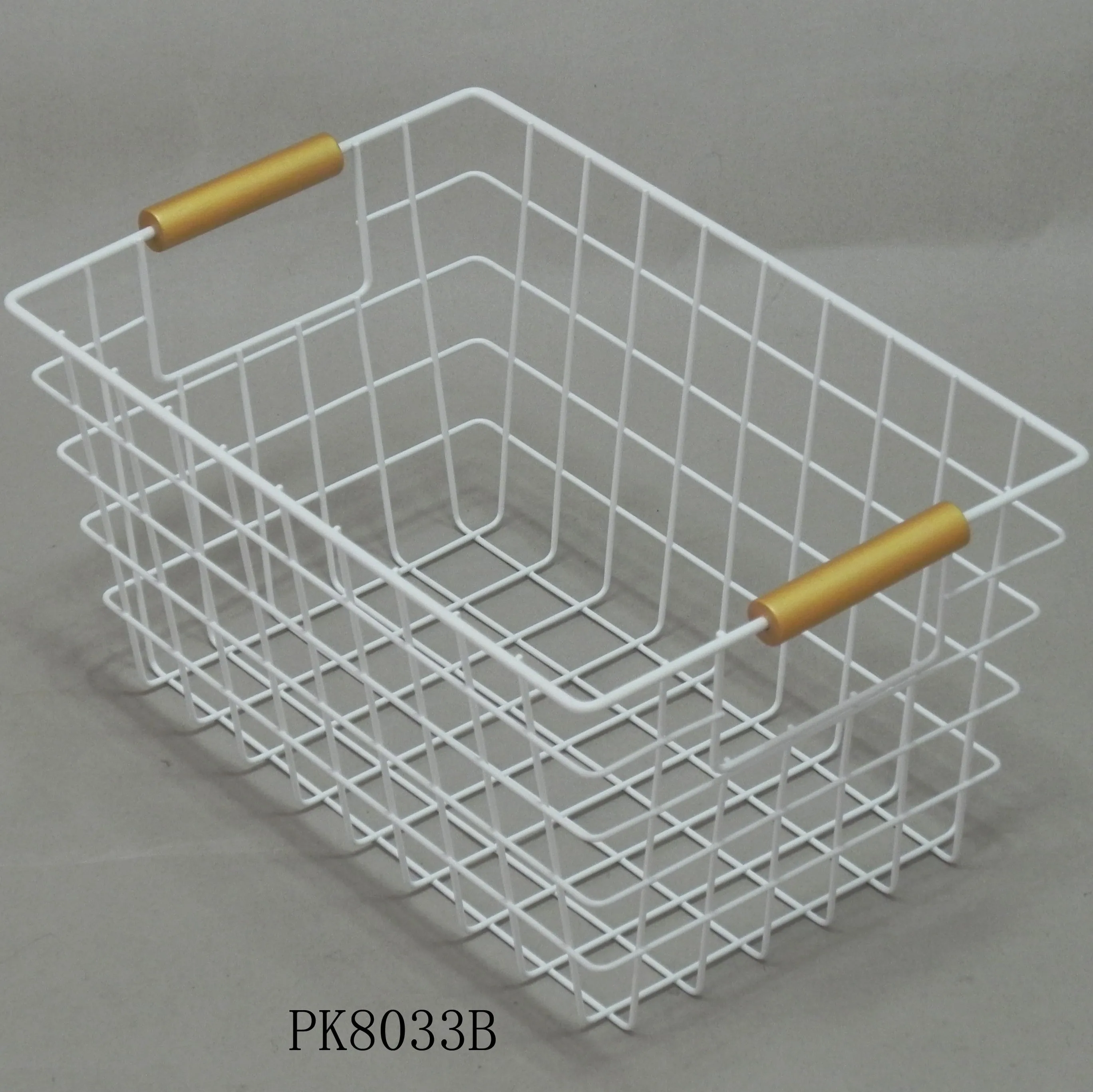 Wholesale powder coated white color metal toys organizer baskets with wood handle kitchen wire fruit vegetables storage baskets