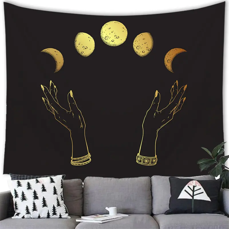 80W X 60L Inches Sacred Spirituality Esoteric Collection Aesthetic Sun and Moon Gold Eagle Black Tapestry for Bedroom