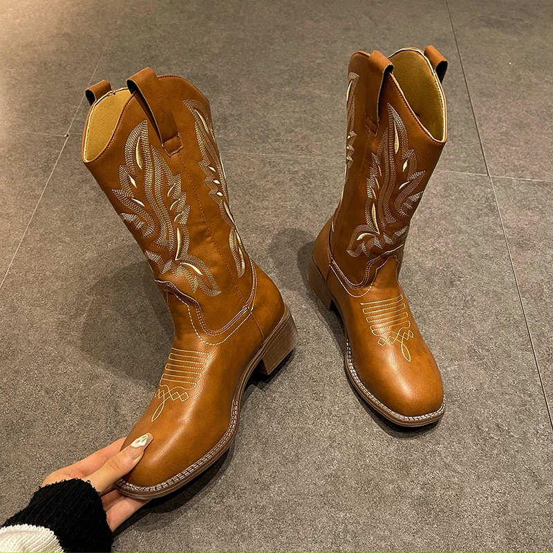 Vintage embroidered Doc Martens for women Summer brown heel boots Net Red Knight Ankle Boots for women Western Cowboy boots
