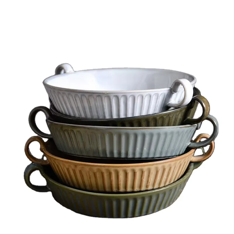 
Japanese retro double ear plate creative ceramic plate deep dish personality cheese baked plate 