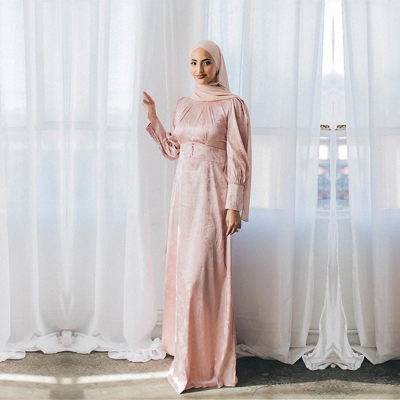 Eid new design luxurious pattern satin dress abaya wholesale stunning shine balloon sleeves long maxi muslim satin abaya dress