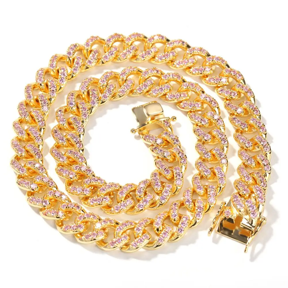 Iced Out 12mm Pink CZ Cuban Link Chain Miami Choker Rose Gold 14inch 16inch Short Necklace Women Men Jewelry