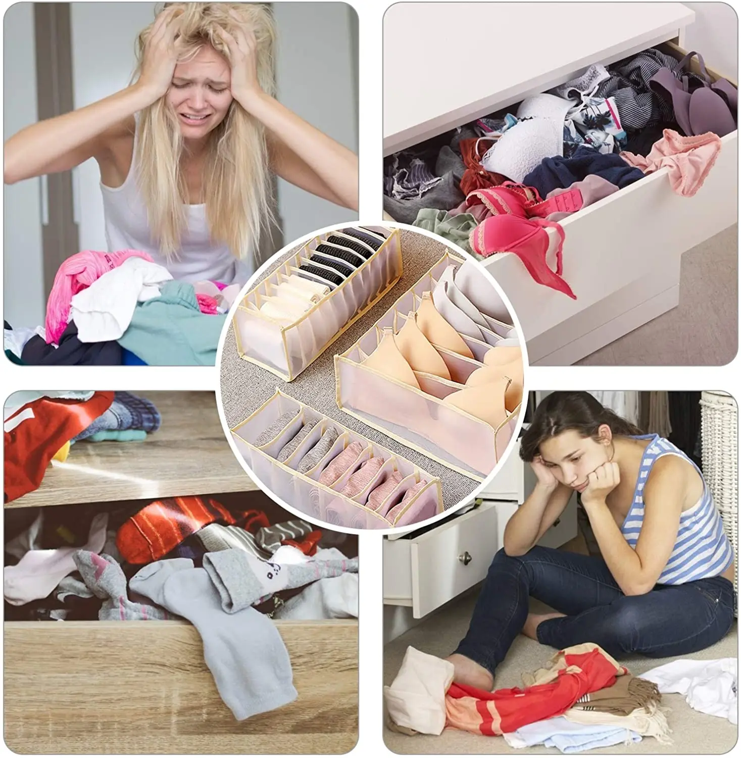 Pack of 5 Underwear Drawer Organizer Set Foldable Storage Divider Boxes Includes 6/7/7/11/11 for organizer socks and bras