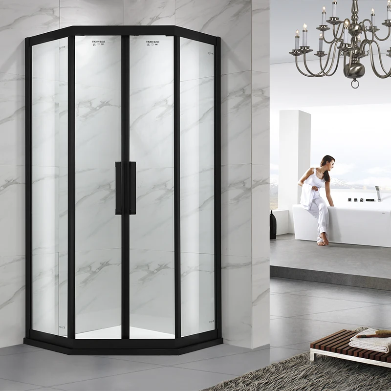 bathroom shower room sliding door tempered glass corner rhombus shower room Enclosure Black