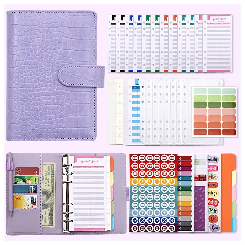 Pu Leather Cash Card Ring Loose-leaf A6 Agenda Budget Binder With Cash Envelopes