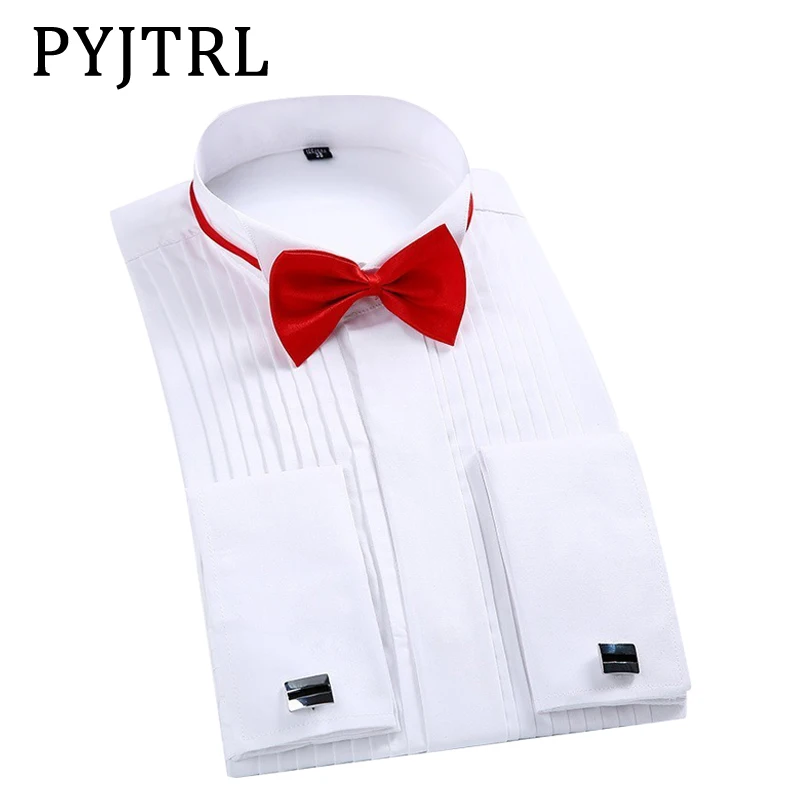 
PYJTRL Male Classic Wedding Bridegroom Dress White Tuxedo Formal Shirt Gentleman Long Sleeve Slim Men Solid Color Chemise Homme 