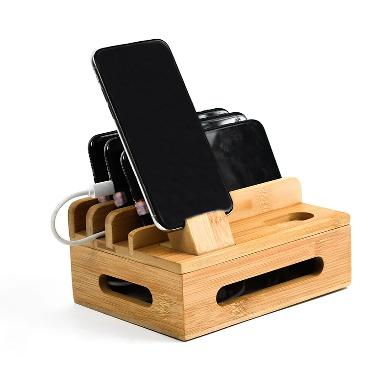 WDF New Product charging stations for multiple devices charging base storage box tablet computer stand bamboo charging station
