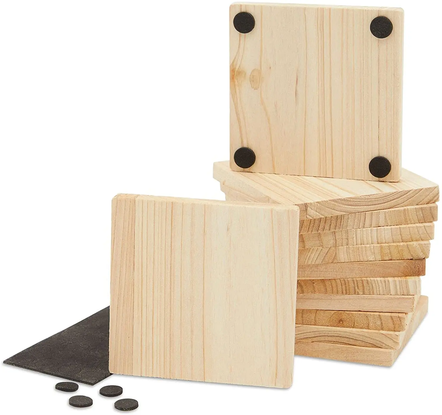 Large wood coaster 12 Pack Unfinished Wood Coasters for Crafts Squares with Non-Slip Foam Dot Stickers (3.7 x 3.7 In)
