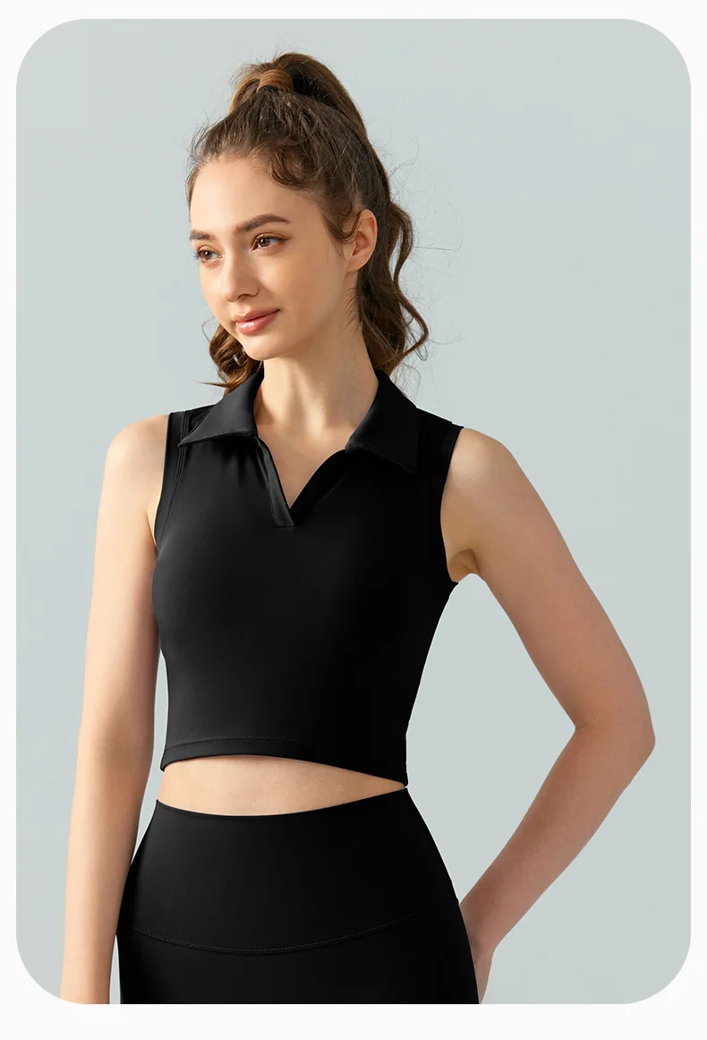 Wholesale Breathable Fitness Running Crop Tops Lapel Sleeveless Fixed Pad Vest Slim Thin Sports Top Yoga Tank Top For Women