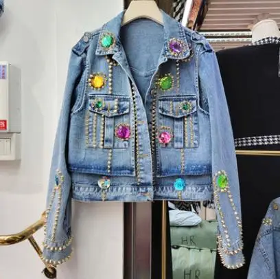 Spring New Rhinestone Beaded Denim Jacket Women Slimming All-Matching Short Jean Jacket Lady Streetwear Denim Coat