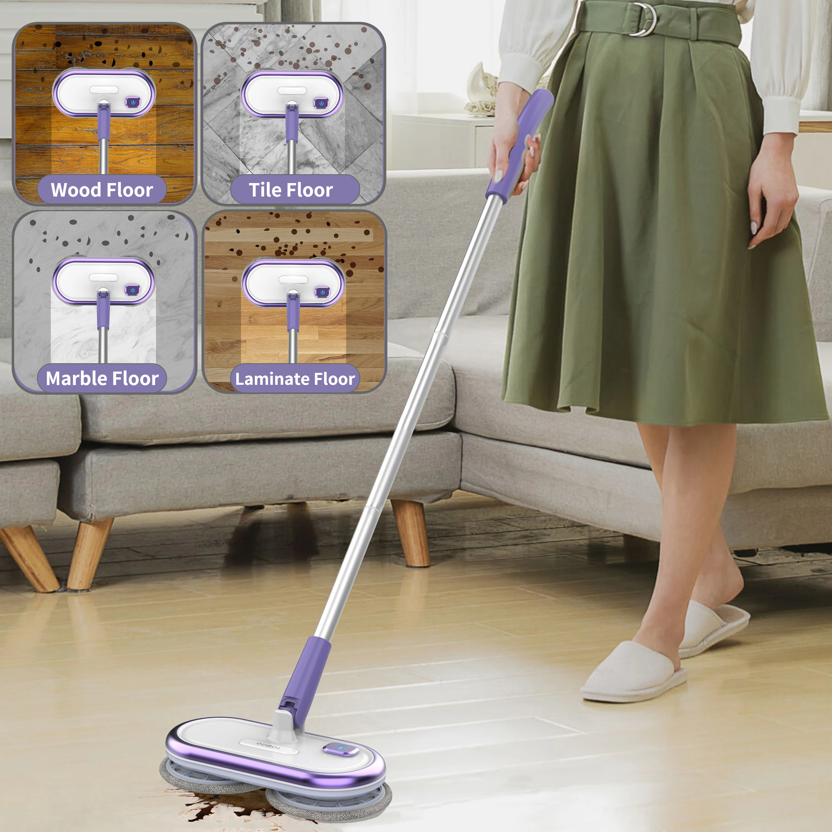 Electric Mop with Motorized Dual Spinning Mopheads, Lightweight & Rechargeable,4 Microfiber Pads & 2 Floor Scrubber Pads, Clean