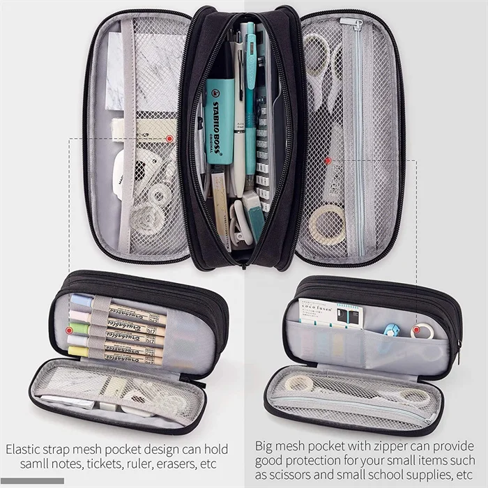 Pencil Case Big Capacity Handheld 3 Compartments Pencil Pouch Portable Canvas for Boys Girls Students Business Office