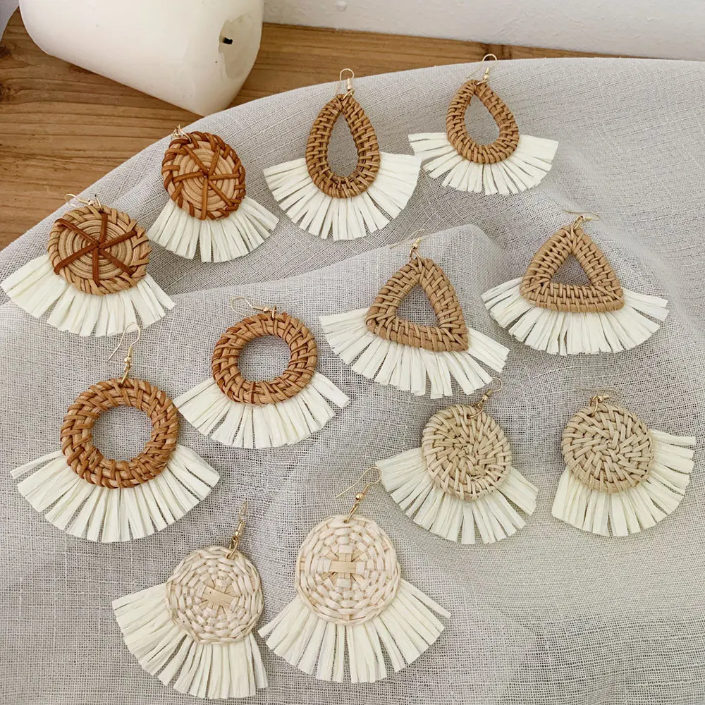 YiwuJstar 2020 style Handmade Wooden Weave bamboo hoop earrings korea rattan earrings for women birthday party gift
