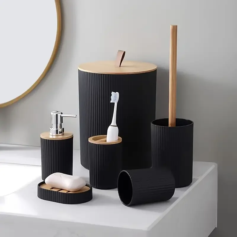 6 Piece Bathroom Storage And Organization Hotel Bamboo Soap Dish Dispenser Toilet Brush Modern Bathroom Accessories Set