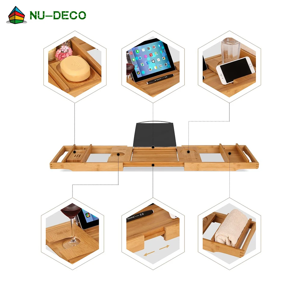 
Wood expandable luxury bamboo bath tub bathtub caddy tray 