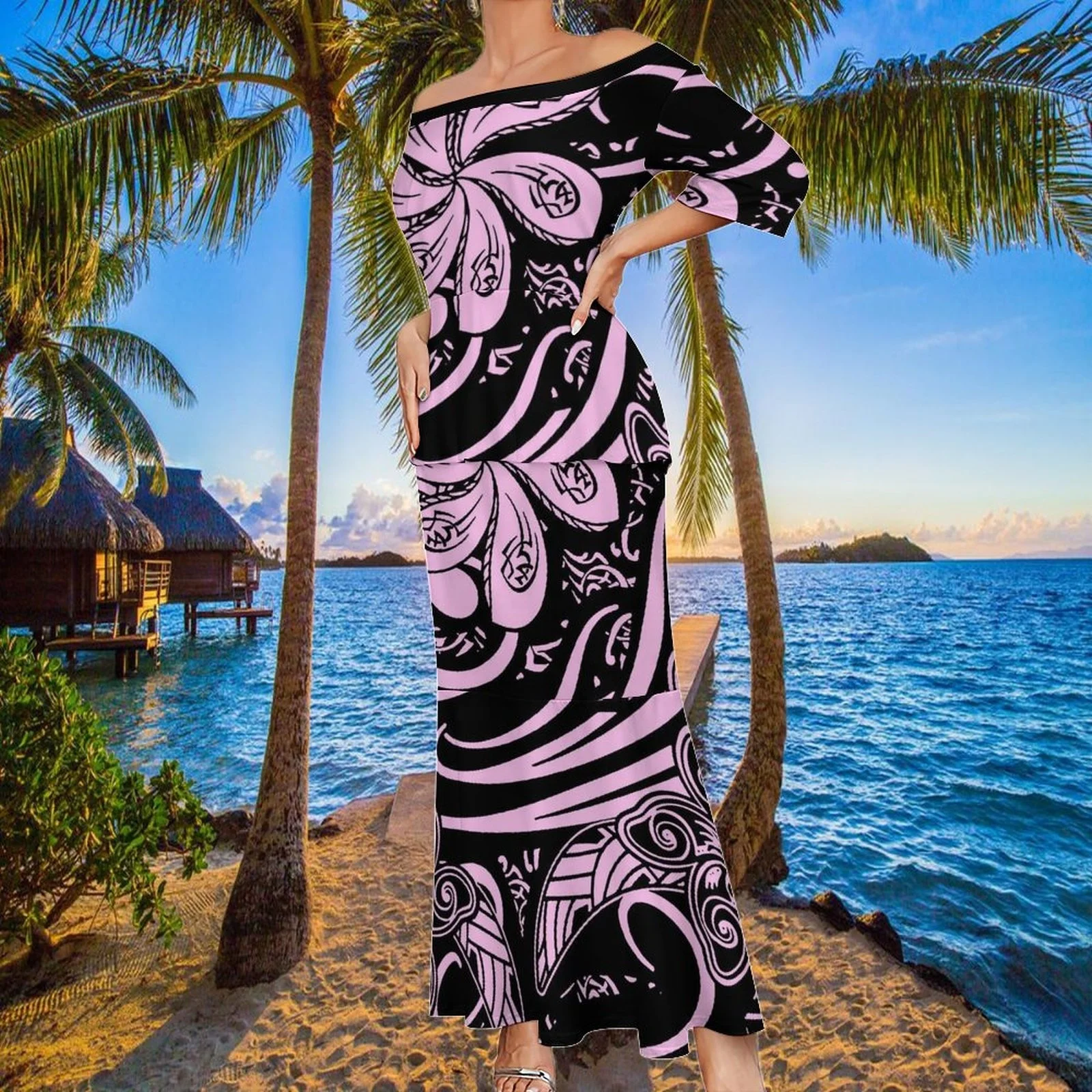 Brand New off Shoulder Tropical Floral Print Tops Match Elegant Design Mermaid Prom Dresses Polynesian Tribal 2 Piece Set