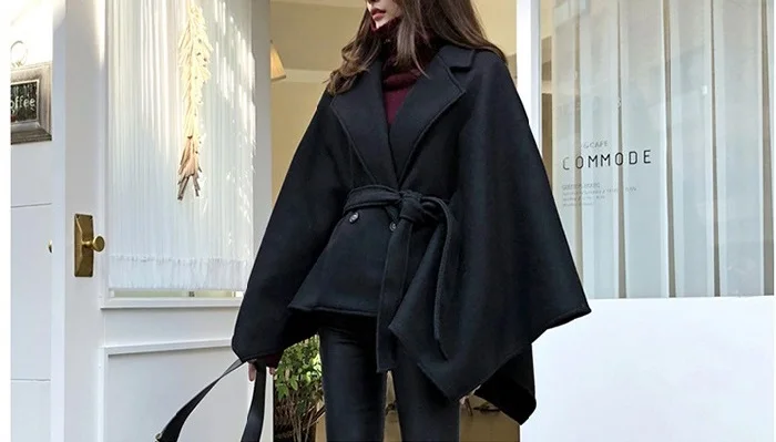 Classic Notch Lapel Woolen  Ladies Jacket Lace Up Belt Bandage Half Sleeves Outwear