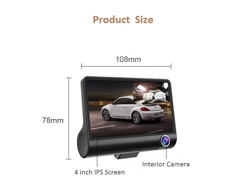 
4 inch Screen Night Vision 3 Lens Dash Camera Car DVR 1080P 