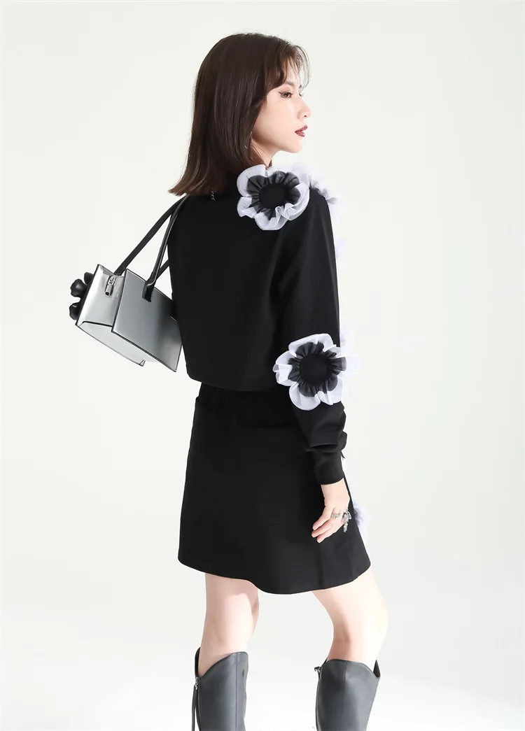 Юбка женская хлопковая с разрезом, дизайнерская короткая с завышенной талией, трехмерная с цветочной строчкой, осень