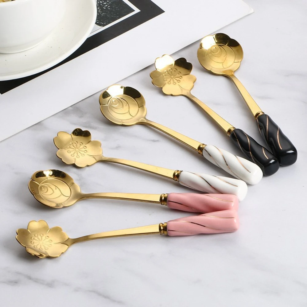 Stainless steel flower coffee spoon Ceramic handle stirring dessert flower handle cherry blossom spoon