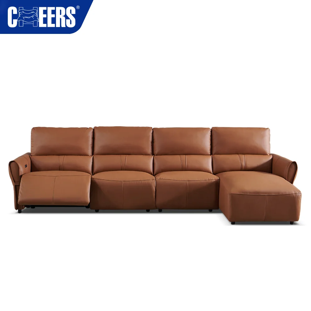 MANWAH CHEERS Minimalist Brown Genuine Leather Power Recliner Sleeper L Shape Sofa With Chaise Lounge