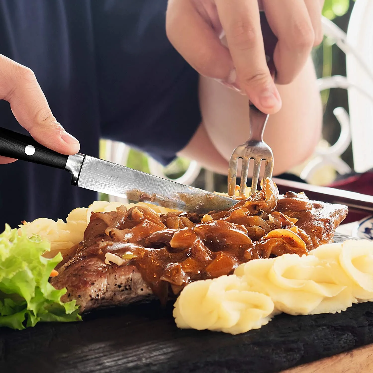 Cutluxe Steak Knives - Plain Edge Steak Knife Set of 4 - Forged High Carbon German Steel - High End Ergonomic Handle Large Steak